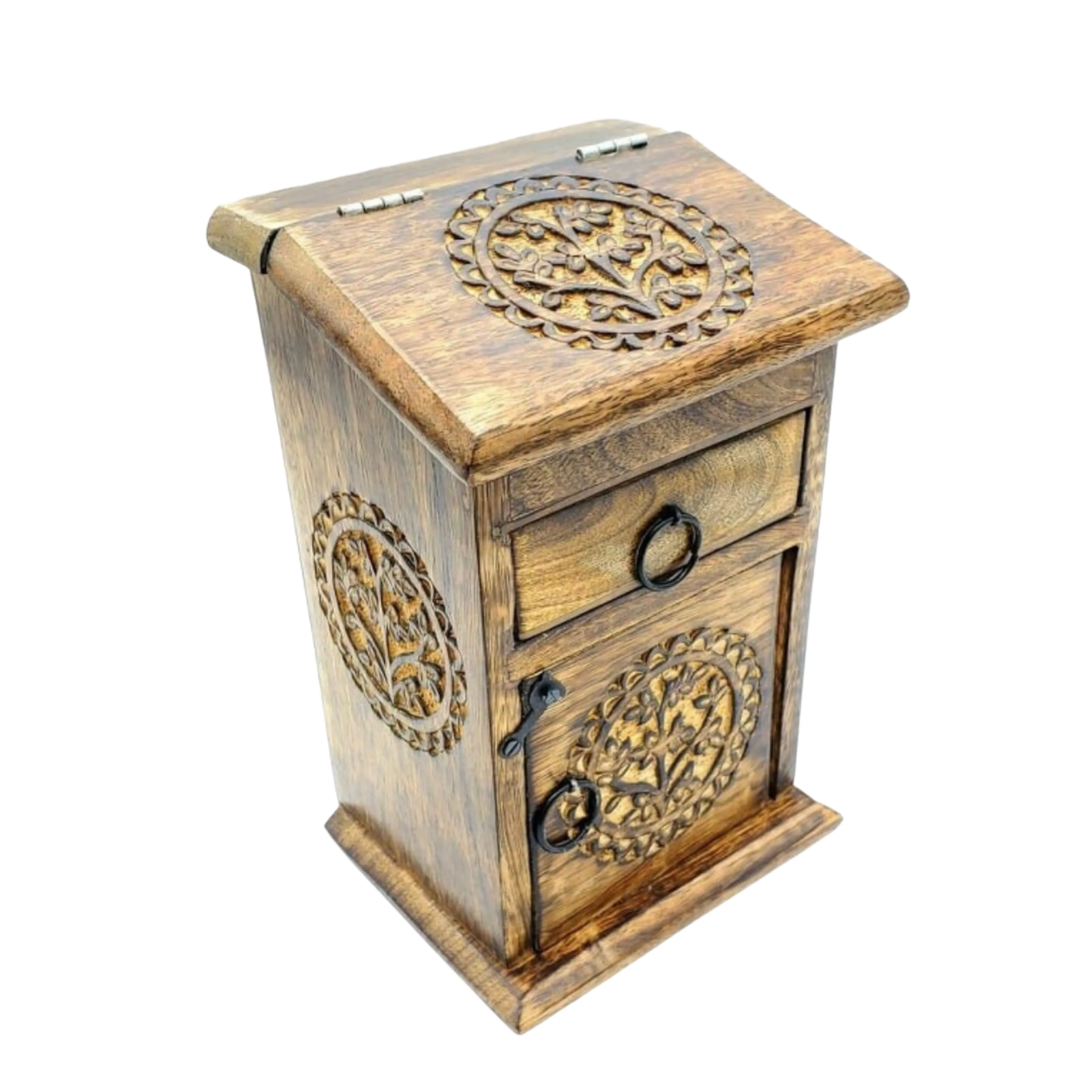 Tree of Life 3-Compartment Trinket Hutch | 4" x 9" Inches | Crystal Storage Box | Tarot Card Box | Carved Wooden Jewelry Box | Altar Box