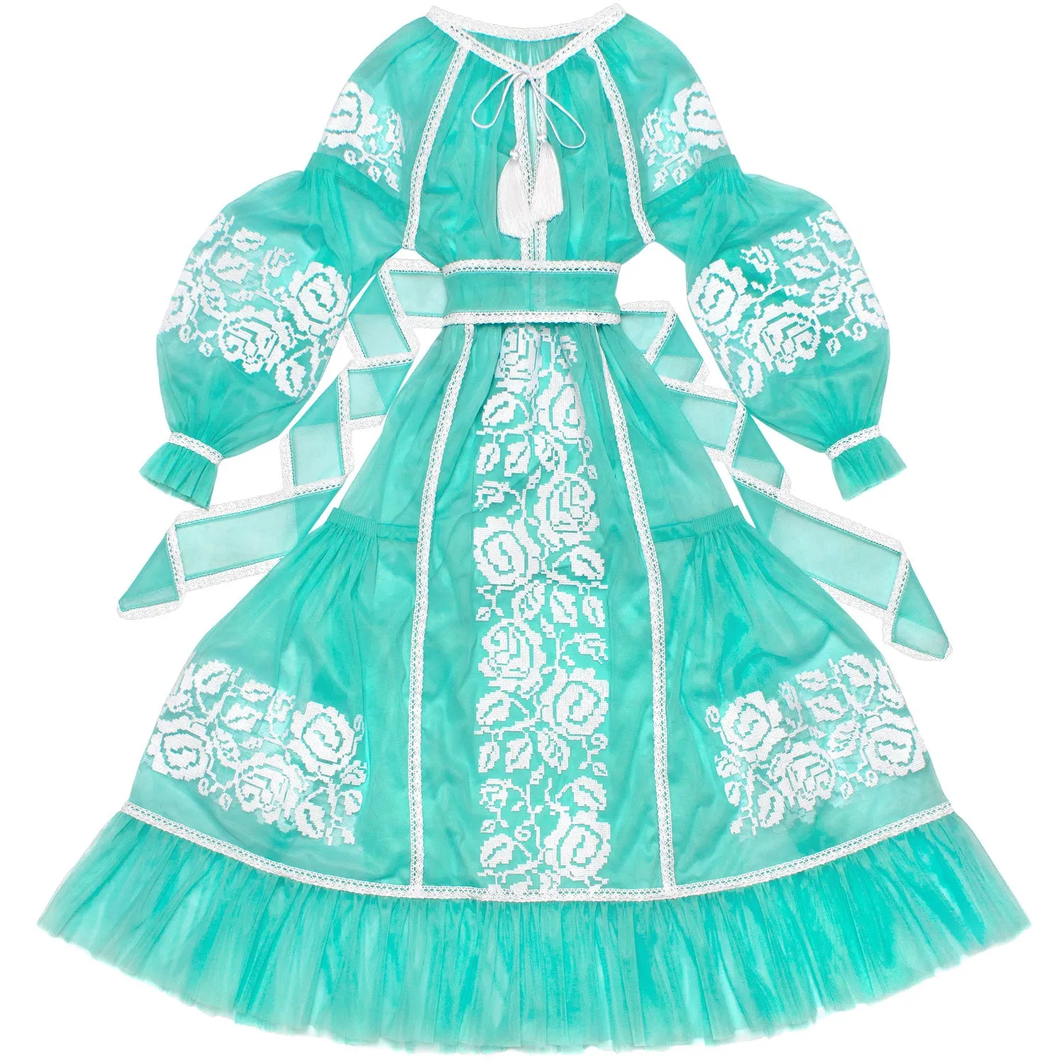 Tulle kaftan with embroidery and lace