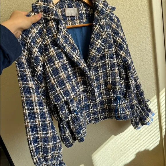 Vintage- Panluoxi Blue and White Women's Jacket - Size M