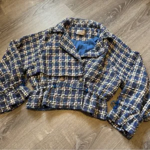 Vintage- Panluoxi Blue and White Women's Jacket - Size M