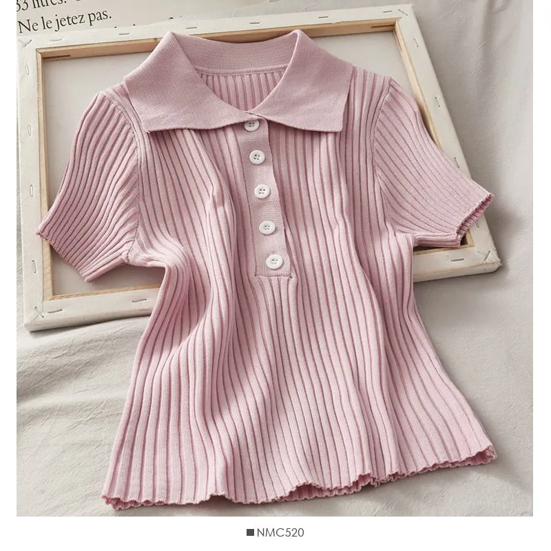 Vintage Ribbed Short Sleeve Polo Shirt with Button Up and Slim Stretchy Fit