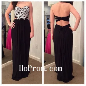 White Applique Prom Dresses,Black Long Prom Dress,Evening Dress
