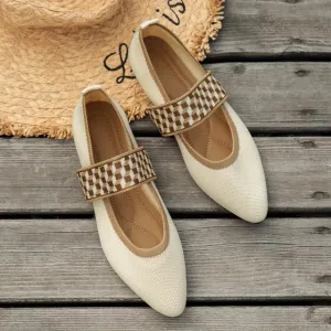 Women’s Ballet Flats – Pointed Toe – Textured Fabric – Wide Checked Strap – Casual Chic