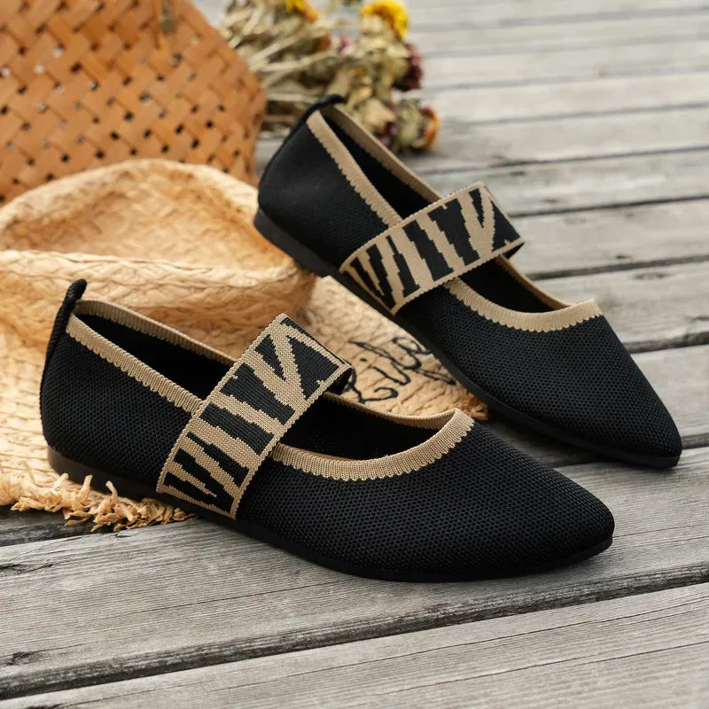 Women’s Ballet Flats – Pointed Toe – Textured Fabric – Wide Checked Strap – Casual Chic