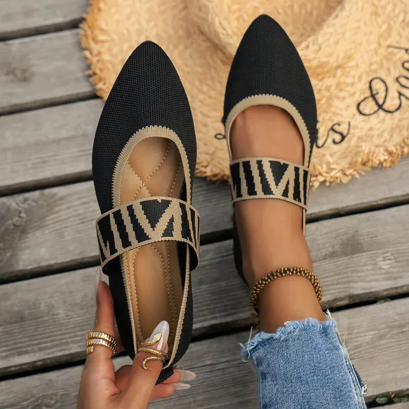 Women’s Ballet Flats – Pointed Toe – Textured Fabric – Wide Checked Strap – Casual Chic