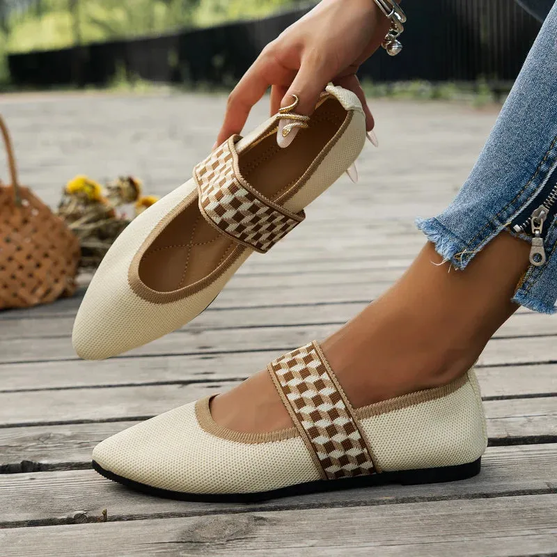 Women’s Ballet Flats – Pointed Toe – Textured Fabric – Wide Checked Strap – Casual Chic
