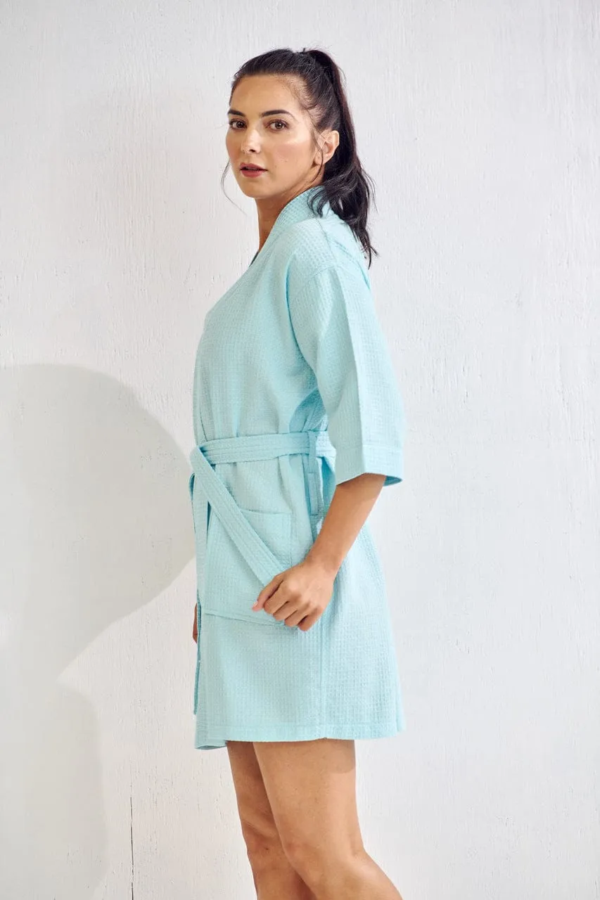 Women's Waffle Kimono Short Bathrobe- Luxurious Cotton Turkish, Absorbency & Lightweight  (Light Turquoise)