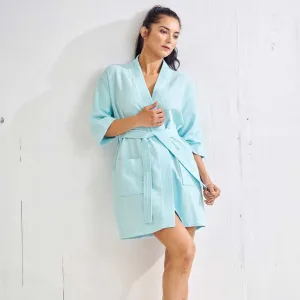 Women's Waffle Kimono Short Bathrobe- Luxurious Cotton Turkish, Absorbency & Lightweight  (Light Turquoise)