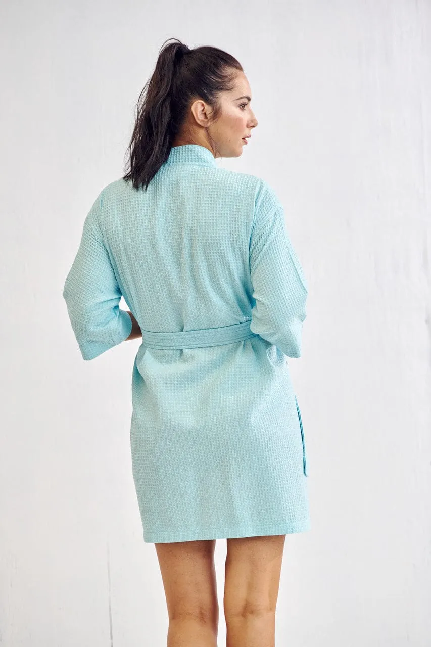 Women's Waffle Kimono Short Bathrobe- Luxurious Cotton Turkish, Absorbency & Lightweight  (Light Turquoise)